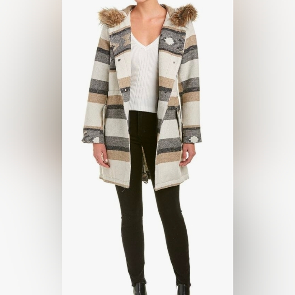 Y2K BB Dakota Striped Hooded Trench Coat in Cream, Gray & Tan